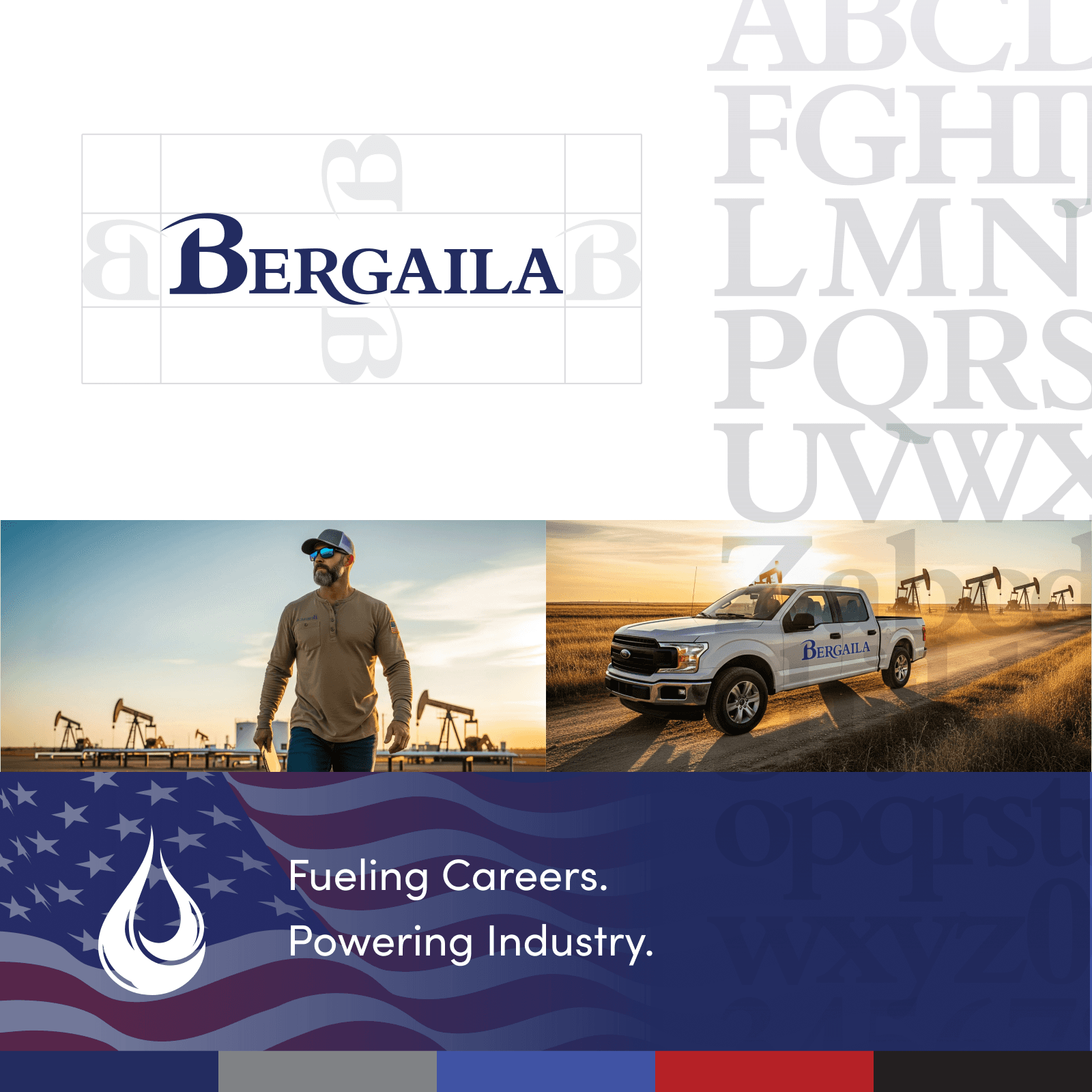 Bergaila brand-system composition with logo grid, field photography, and brand story panel.