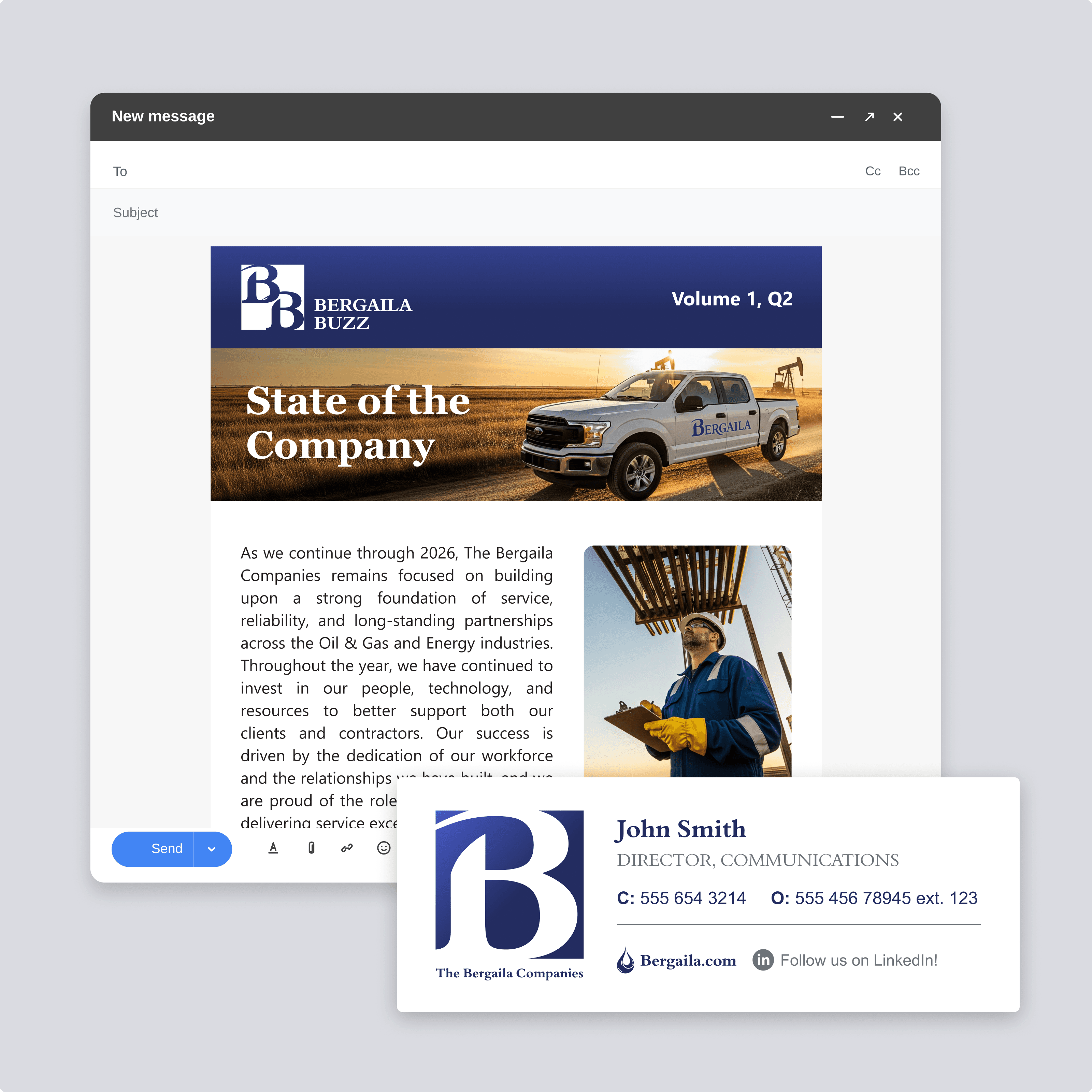 Bergaila email communication composition showing a Bergaila Buzz newsletter and branded email signature.