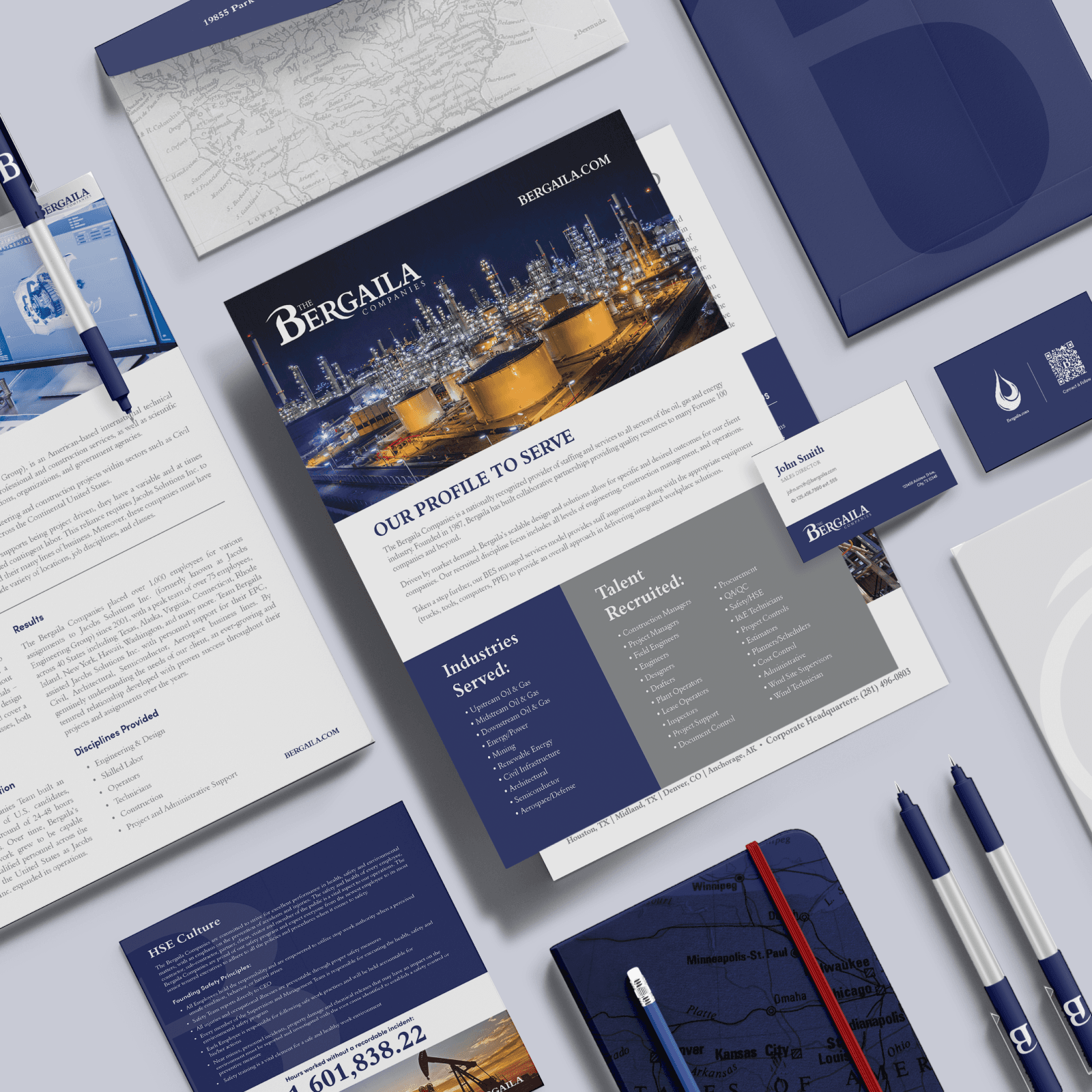 Bergaila print collateral motion composition with a layered stationery and presentation system.